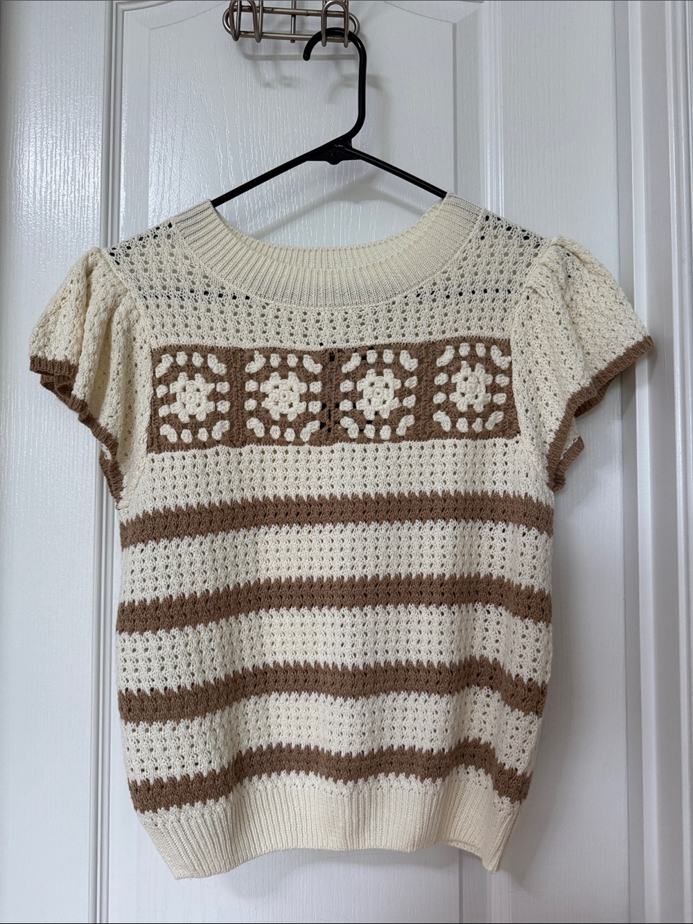 mine Cream and Brown Crochet Knit Puff Sleeve Top